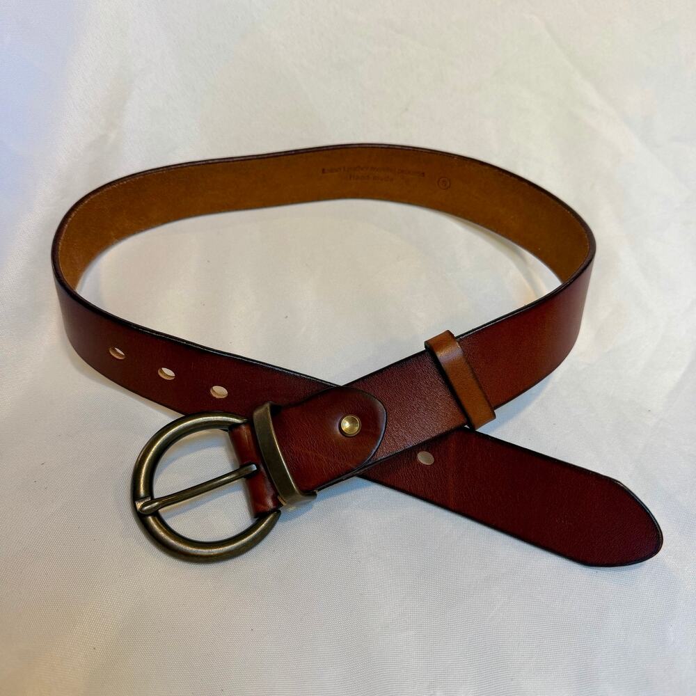 Handmade Italian Leather Process Brown Belt Round Brass Buckle Whipstitch Small